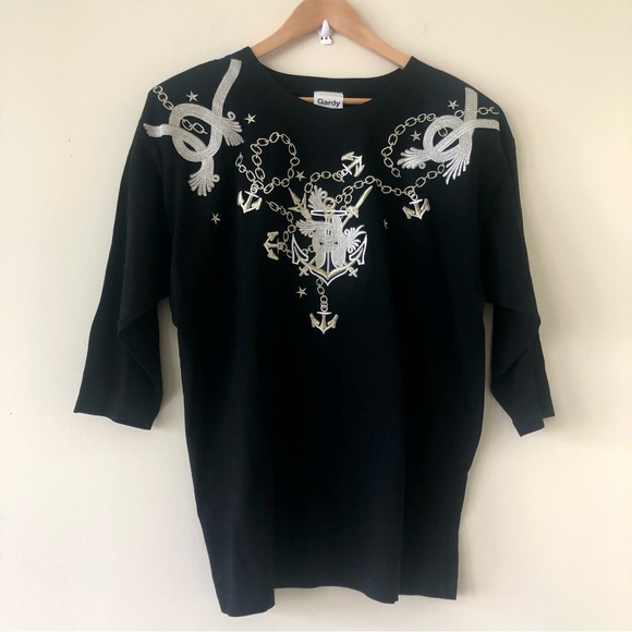 Gardy Embroidered Black Nautical Theme Three Quarter Length Sleeve Top - Picture 1 of 7